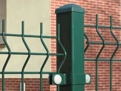 Two 3D security fence panels are connected by the square post.