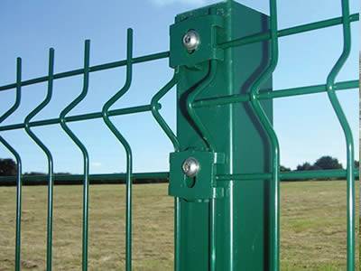 Two 3D security fence panels are connected by the rectangular post.