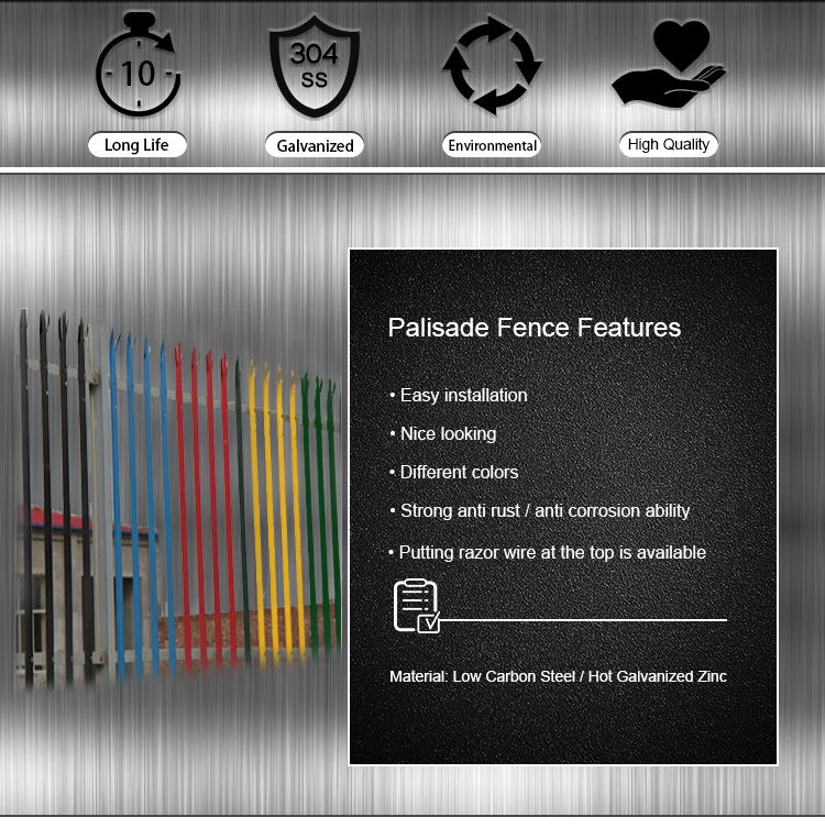 High Standard Galvanized And Powder Coated Steel Palisade Fence & Gate Metal Panel Security Fencing